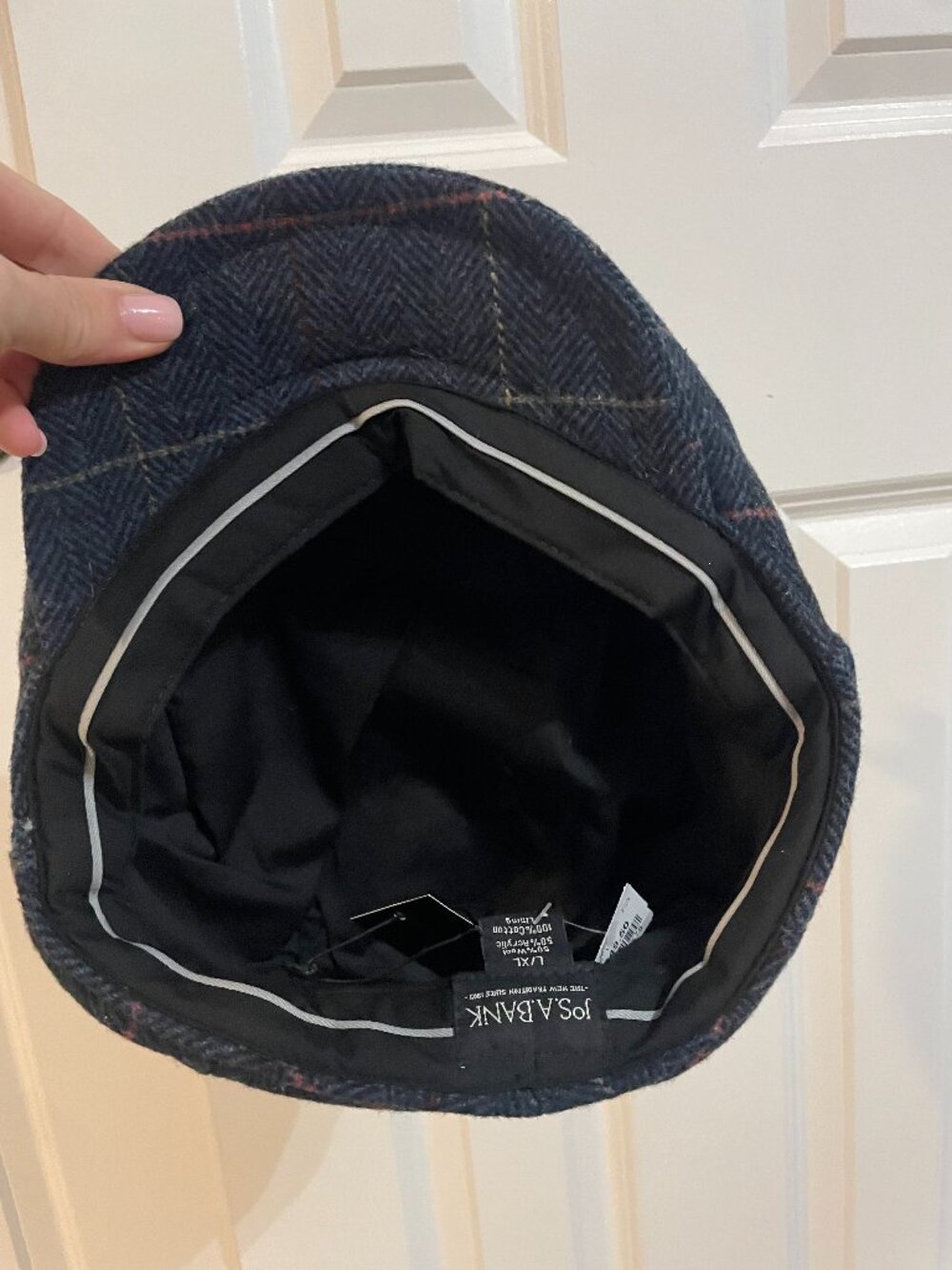 Men's Navy Blue Wool Herringbone Check Flat Cap